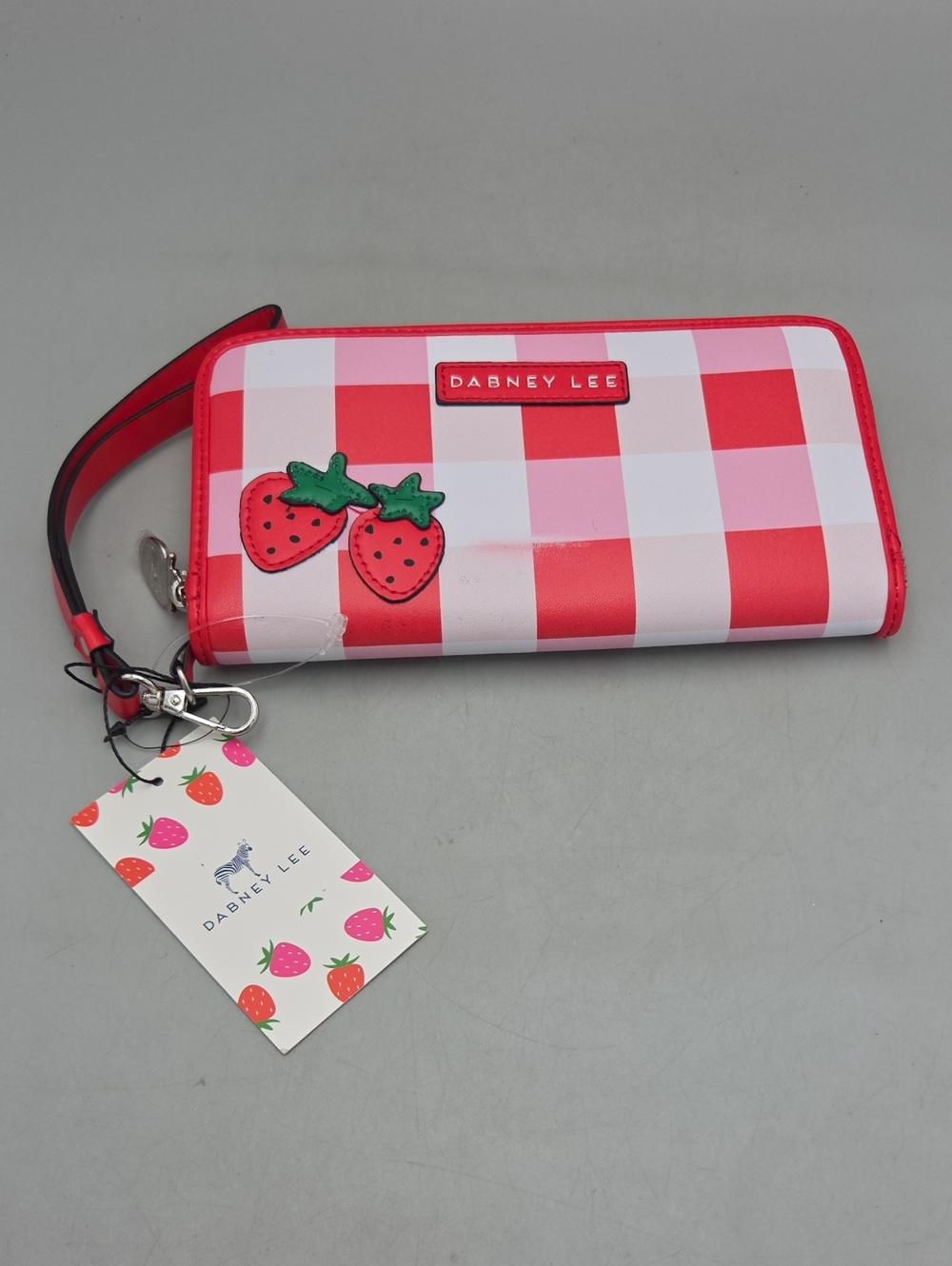NWT Dabney Lee Strawberry Red Pink Whi Gingham Check Wallet Zip Around Wristlet